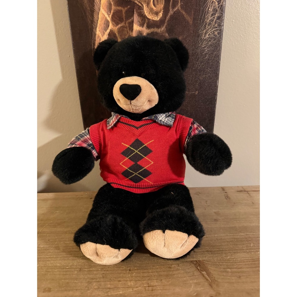 Build-A-Bear Workshop Black Plush Bear in Red‎ Argyle Sweater Vest Plaid Shirt